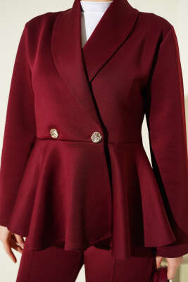 Şal Yaka Düğmeli Scuba İkili Takım Bordo - İkili Takım