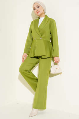 Şal Yaka Düğmeli Scuba İkili Takım Fıstık Yeşili - TABLO FASHİON