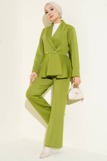Şal Yaka Düğmeli Scuba İkili Takım Fıstık Yeşili - İkili Takım