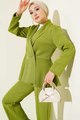 Şal Yaka Düğmeli Scuba İkili Takım Fıstık Yeşili - İkili Takım