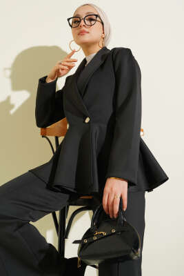 Şal Yaka Düğmeli Scuba İkili Takım Siyah - İkili Takım
