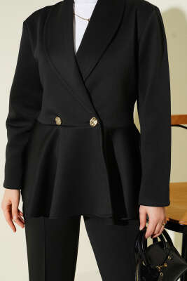 Şal Yaka Düğmeli Scuba İkili Takım Siyah - İkili Takım