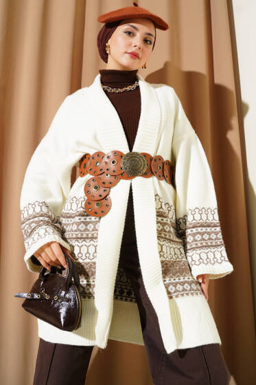 Şal Yaka Etnik Desen Triko Hırka Ekru - Hırka