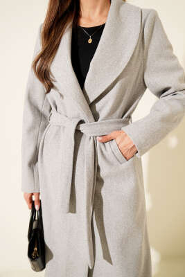 Şal Yaka Kuşaklı Kaşe Kaban Gri - Kadın Giyim Modelleri