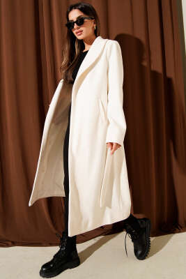 Şal Yaka Kuşaklı Kaşe Kaban Krem 