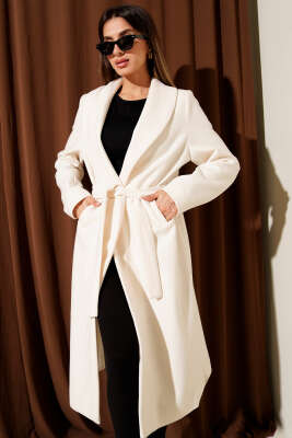 Şal Yaka Kuşaklı Kaşe Kaban Krem - Kadın Giyim Modelleri