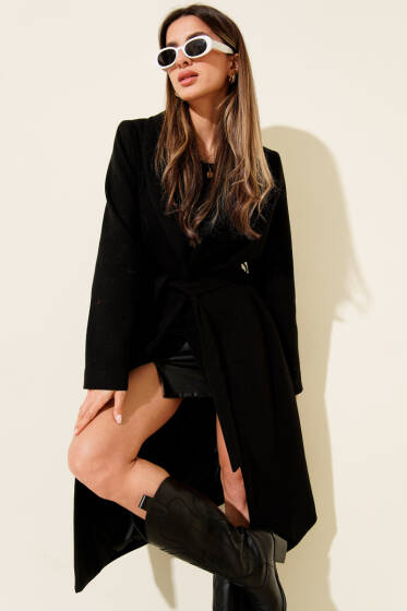 Şal Yaka Kuşaklı Kaşe Kaban Siyah - Kadın Giyim Modelleri