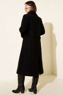 Şal Yaka Kuşaklı Kaşe Kaban Siyah - Kadın Giyim Modelleri