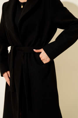 Şal Yaka Kuşaklı Kaşe Kaban Siyah - Kadın Giyim Modelleri