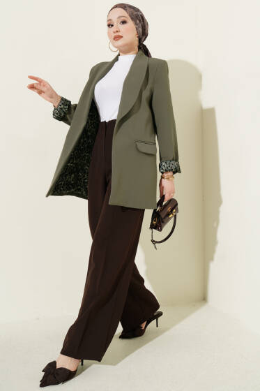 Şal Yaka Leopar Astarlı Blazer Ceket Haki - Ceket