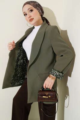 Şal Yaka Leopar Astarlı Blazer Ceket Haki - Ceket