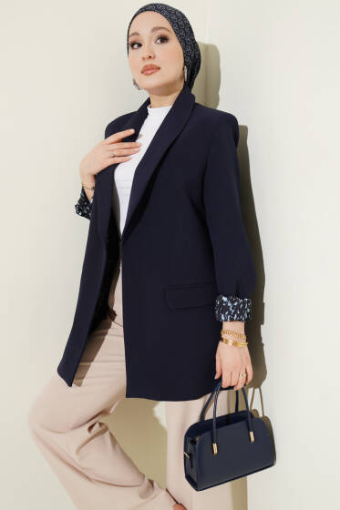 Şal Yaka Leopar Astarlı Blazer Ceket Lacivert - Ceket