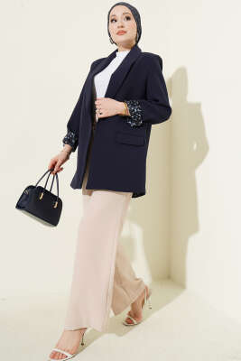 Şal Yaka Leopar Astarlı Blazer Ceket Lacivert - Ceket