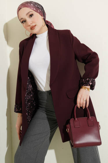 Şal Yaka Leopar Astarlı Blazer Ceket Mürdüm - Ceket