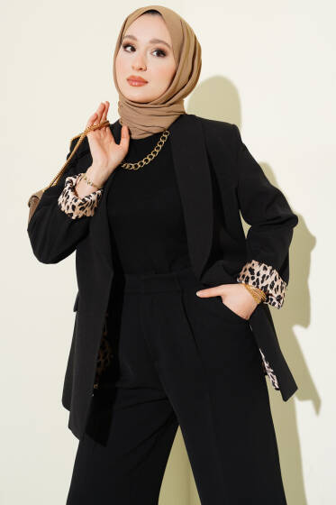 Şal Yaka Leopar Astarlı Blazer Ceket Siyah - Ceket