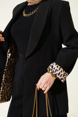 Şal Yaka Leopar Astarlı Blazer Ceket Siyah - Ceket