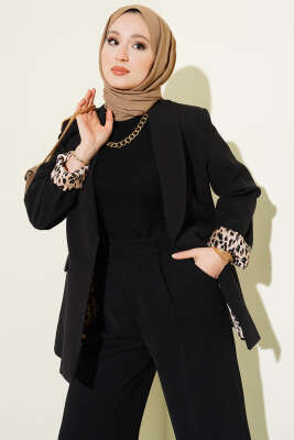 Şal Yaka Leopar Astarlı Blazer Ceket Siyah 