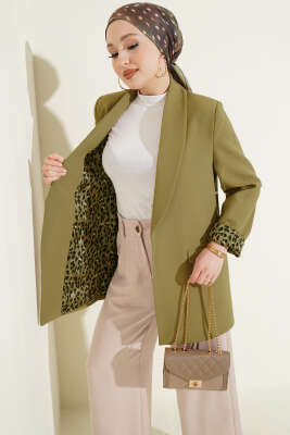 Şal Yaka Leopar Astarlı Blazer Ceket Yağ Yeşili - MİSS PERRY