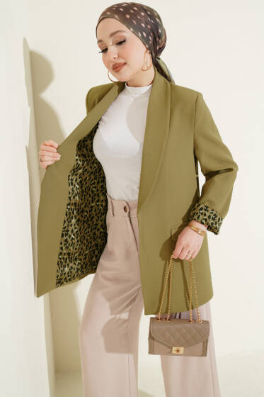 Şal Yaka Leopar Astarlı Blazer Ceket Yağ Yeşili - Ceket