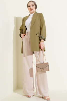 Şal Yaka Leopar Astarlı Blazer Ceket Yağ Yeşili - Ceket