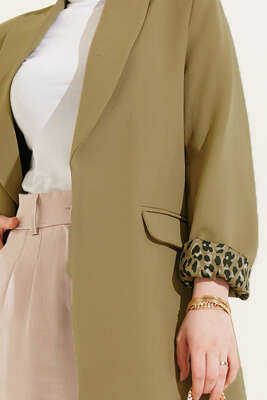 Şal Yaka Leopar Astarlı Blazer Ceket Yağ Yeşili - Ceket