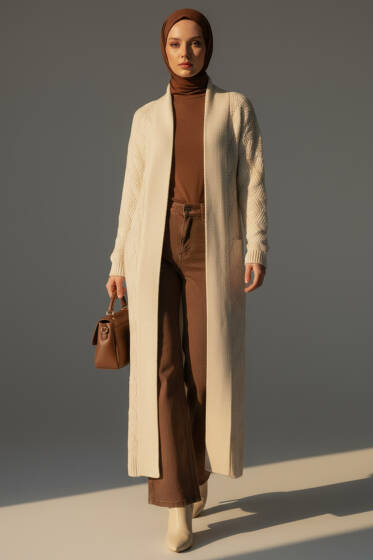 Şal Yaka Örgü Desenli Uzun Triko Hırka Bej - Hırka