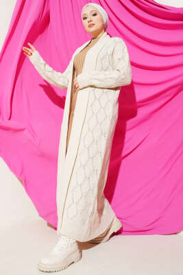 Şal Yaka Örgü Desenli Uzun Triko Hırka Bej 