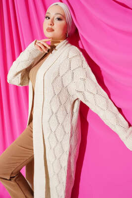 Şal Yaka Örgü Desenli Uzun Triko Hırka Bej - Hırka