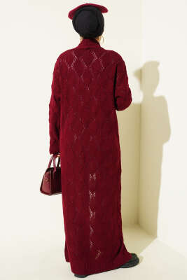 Şal Yaka Örgü Desenli Uzun Triko Hırka Bordo - Hırka