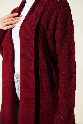 Şal Yaka Örgü Desenli Uzun Triko Hırka Bordo - Hırka