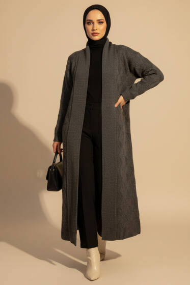 Şal Yaka Örgü Desenli Uzun Triko Hırka Füme - Hırka
