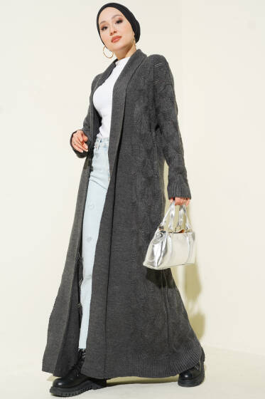 Şal Yaka Örgü Desenli Uzun Triko Hırka Füme - Hırka