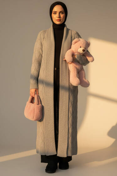 Şal Yaka Örgü Desenli Uzun Triko Hırka Gri - Hırka