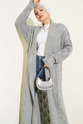 Şal Yaka Örgü Desenli Uzun Triko Hırka Gri - Hırka