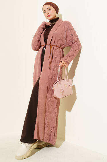 Şal Yaka Örgü Desenli Uzun Triko Hırka Gül Kurusu - Hırka