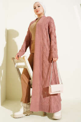 Şal Yaka Örgü Desenli Uzun Triko Hırka Gül Kurusu - Hırka