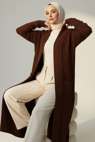 Şal Yaka Örgü Desenli Uzun Triko Hırka Kahve - Hırka