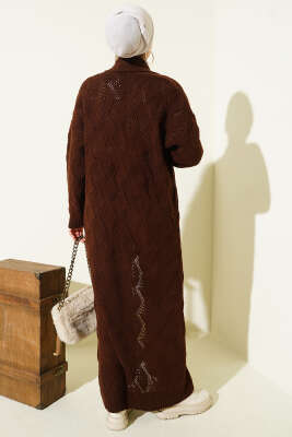 Şal Yaka Örgü Desenli Uzun Triko Hırka Kahve - Hırka