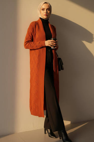 Şal Yaka Örgü Desenli Uzun Triko Hırka Kiremit - Hırka