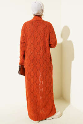 Şal Yaka Örgü Desenli Uzun Triko Hırka Kiremit - Hırka