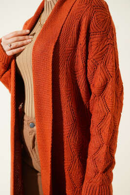 Şal Yaka Örgü Desenli Uzun Triko Hırka Kiremit - Hırka