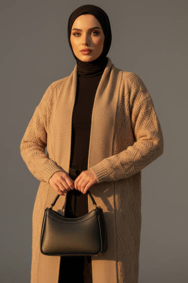 Şal Yaka Örgü Desenli Uzun Triko Hırka Latte - Hırka