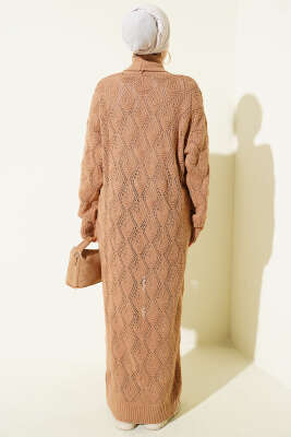 Şal Yaka Örgü Desenli Uzun Triko Hırka Latte - Hırka