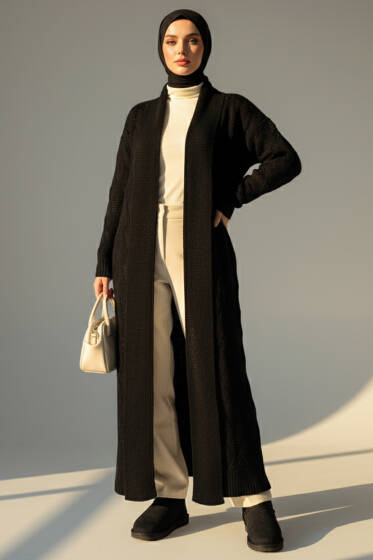 Şal Yaka Örgü Desenli Uzun Triko Hırka Siyah - Hırka