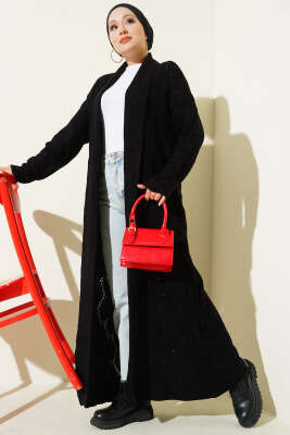 Şal Yaka Örgü Desenli Uzun Triko Hırka Siyah - RAFİMİX