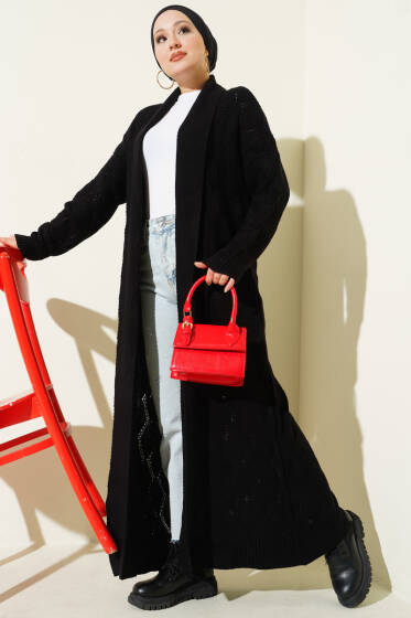 Şal Yaka Örgü Desenli Uzun Triko Hırka Siyah - Hırka