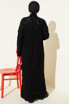 Şal Yaka Örgü Desenli Uzun Triko Hırka Siyah - Hırka