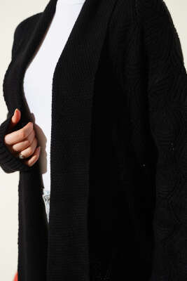 Şal Yaka Örgü Desenli Uzun Triko Hırka Siyah - Hırka