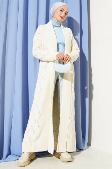 Şal Yaka Örgü Desenli Uzun Triko Hırka Taş - Hırka