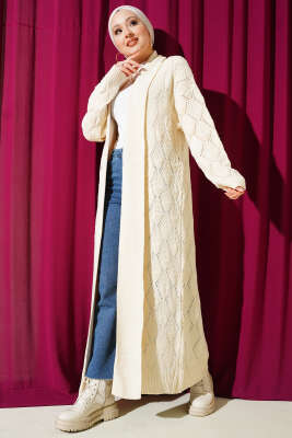 Şal Yaka Örgü Desenli Uzun Triko Hırka Taş - Hırka